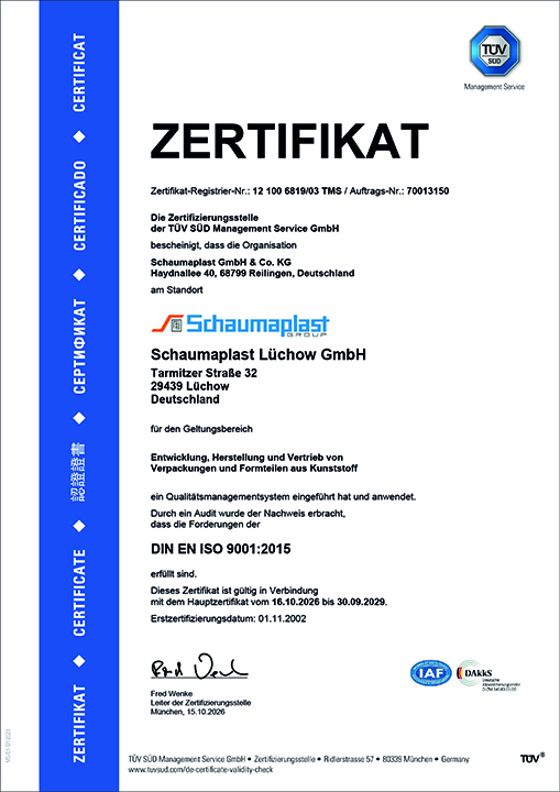 Zertifikat TÜF SÜD Schaumaplast Lüchow