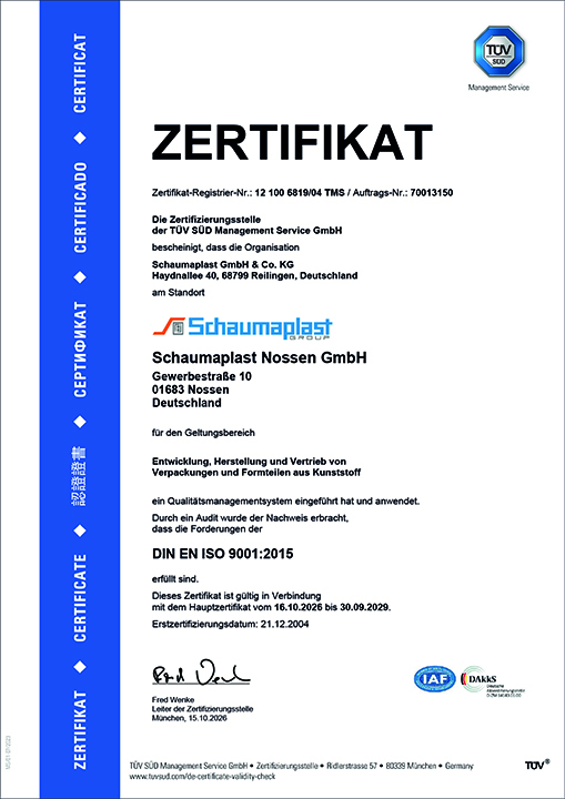 Zertifikat TÜF SÜD Schaumaplast Nossen