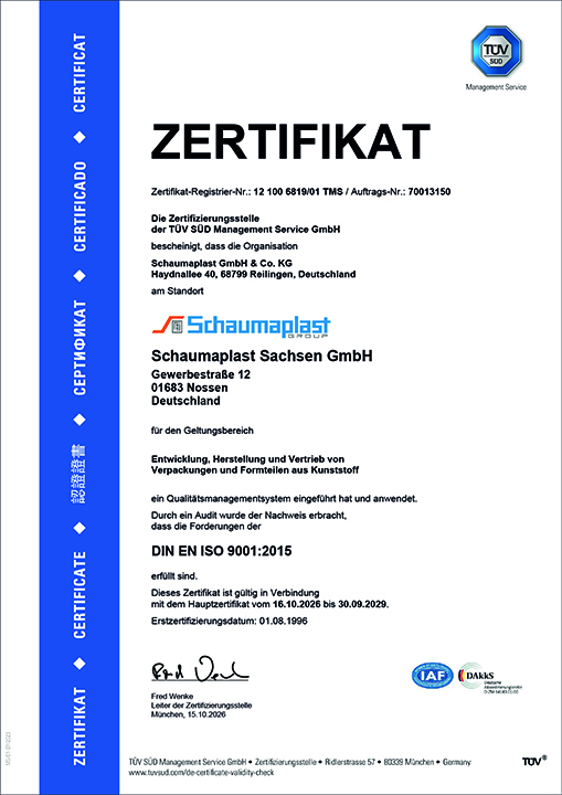 Zertifikat TÜF SÜD Schaumaplast Sachsen